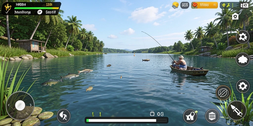 Tampilan gameplay HR89 yang seru saat memancing ikan di danau.