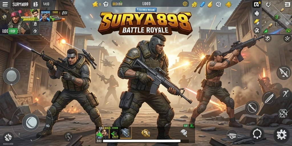Tangkapan layar gameplay <strong>SURYA898</strong> menampilkan pertarungan sengit dalam mode Battle Royale.